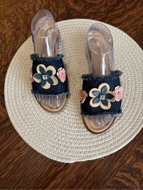 Denim Slide Sandals with Floral Appliqué